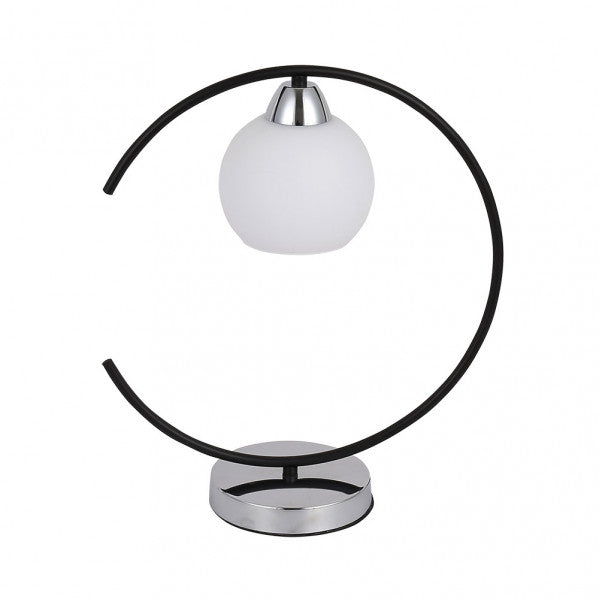 Lámpara de sobremesa Fuji en negro y cromo de Abrila, modelo 152271052 con 1xE27, diseño moderno de metal y cristal para iluminación difusa en decoración interior doméstica.
