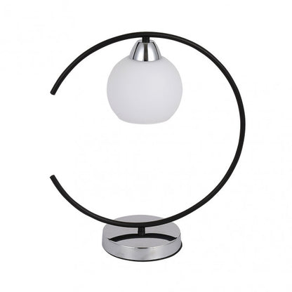 Lámpara de sobremesa Fuji en negro y cromo de Abrila, modelo 152271052 con 1xE27, diseño moderno de metal y cristal para iluminación difusa en decoración interior doméstica.