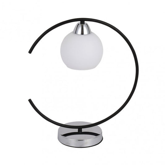 Lámpara de sobremesa Fuji en negro y cromo de Abrila, modelo 152271052 con 1xE27, diseño moderno de metal y cristal para iluminación difusa en decoración interior doméstica.