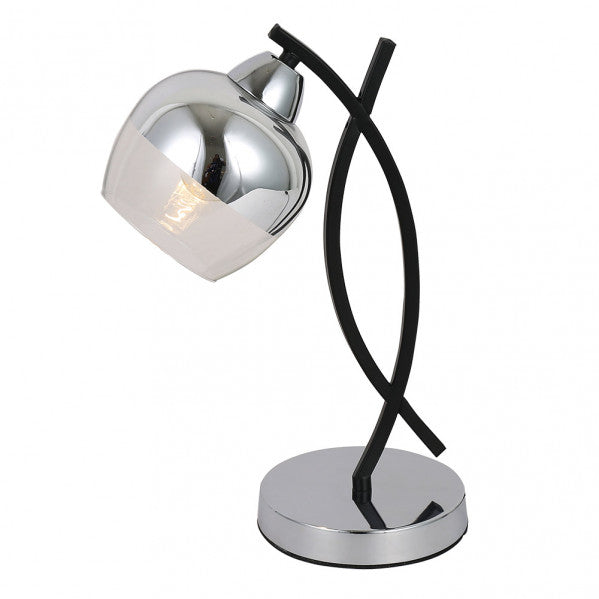 Lámpara de sobremesa Denali en cromo y negro de Abrila, diseño moderno con foco orientable E27, ideal para iluminación doméstica y decoración interior en metal y cristal, modelo 152471020.