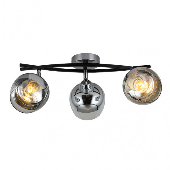Lámpara regleta Denali moderna de Abrila en cromo y negro, con 3 casquillos E27, diseño de metal y cristal para iluminación interior doméstica, modelo 152493020.