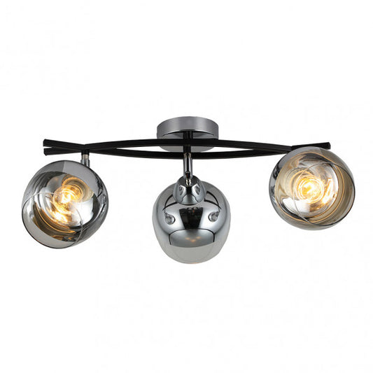 Lámpara regleta Denali moderna de Abrila en cromo y negro, con 3 casquillos E27, diseño de metal y cristal para iluminación interior doméstica, modelo 152493020.