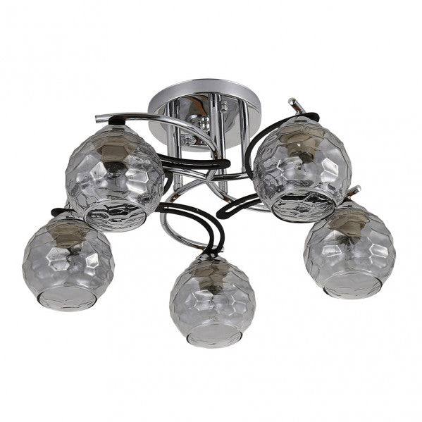 Lámpara Etna moderna de Abrila en acabado cromo y wengue, diseño de metal y cristal con 5 bombillas E14, dimensiones 23x46x46 cm, ideal para iluminación de salón y decoración interior en uso doméstico, referencia 152555020.