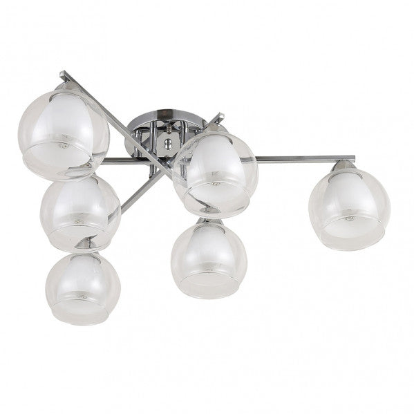 Lámpara colgante Makalu de Abrila en acabado cromo, modelo 6xe27 con 21x60x60 cm, diseño moderno de metal y cristal para iluminación elegante en dormitorio o salón interior doméstico.