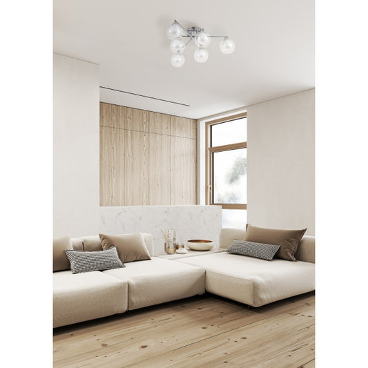 Lámpara Makalu de Abrila en acabado cromo, modelo 6xe27 con dimensiones 21x60x60 cm, diseño moderno de metal y cristal para iluminación elegante en dormitorio o salón doméstico interior.