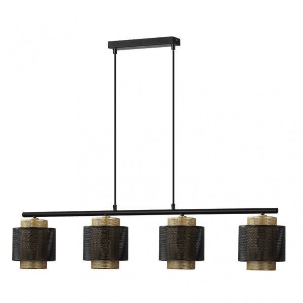 Lámpara colgante Kyoto de Abrila en negro y oro, diseño moderno vintage con 4 casquillos E27, ideal para iluminación interior y decoración del hogar en metal.