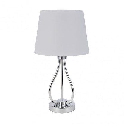 Lámpara de sobremesa Dubrovnik en acabado cromo de Abrila, modelo 153472020 con 9W LED integrado, diseño en metal y textil para iluminación difusa en decoración interior doméstica, blanco natural y estilo moderno.