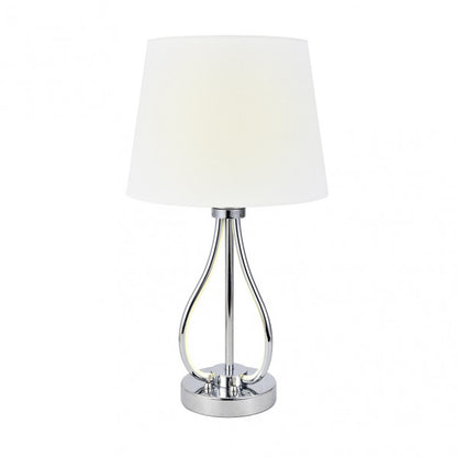 Lámpara de sobremesa Dubrovnik en acabado cromo de Abrila, modelo 153472020 con 9W LED integrado, diseño en metal y textil para iluminación difusa en decoración interior doméstica, estilo moderno en blanco natural.