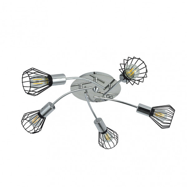 Plafon San Petersburgo negro y cromo de Abrila, modelo 153585052 con 5 luces E14, diseño industrial vintage en metal para iluminación moderna del hogar y decoración interior.