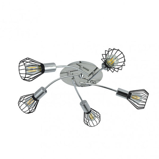 Plafon San Petersburgo negro y cromo de Abrila, modelo 153585052 con 5 luces E14, diseño industrial vintage en metal para iluminación moderna del hogar y decoración interior.