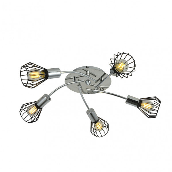 Plafon San Petersburgo negro y cromo de Abrila con 5 luces E14, diseño industrial vintage en metal para iluminación moderna del hogar y decoración interior.