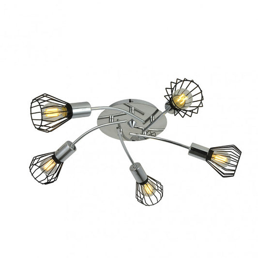 Plafon San Petersburgo negro y cromo de Abrila con 5 luces E14, diseño industrial vintage en metal para iluminación moderna del hogar y decoración interior.