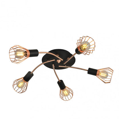 Plafon San Petersburgo de Abrila en estilo industrial vintage, modelo 5xE14 con acabado negro y cobre, dimensiones 15x55x55 cm, lámpara moderna de metal para iluminación de salón en interior doméstico