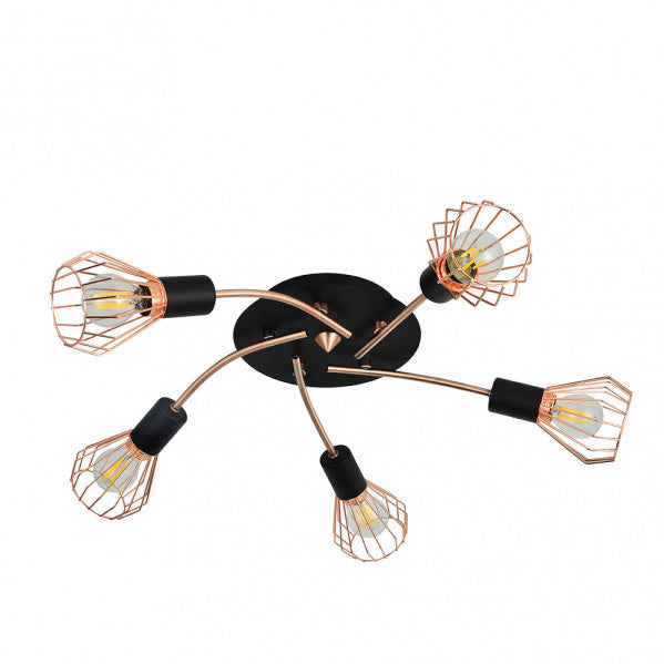 Plafon San Petersburgo de Abrila en negro y cobre, lámpara de techo moderna estilo industrial vintage con 5 casquillos E14, diseño metálico para iluminación de salón e interior doméstico, modelo 15x55x55 cm (153585073)