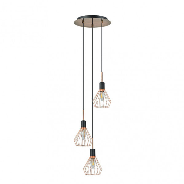 Lámpara colgante San Petersburgo 3xE14 en negro y cobre, diseño industrial vintage de Abrila para iluminación interior moderna y decoración doméstica con metal robusto.