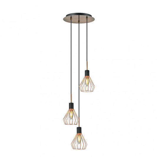 Lámpara colgante San Petersburgo 3xE14 en negro y cobre, diseño industrial vintage de Abrila con estructura metálica para iluminación interior doméstica moderna, ideal para decoración estilo industrial, modelo 153593073.