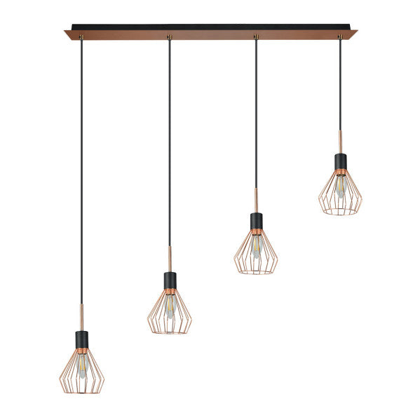 Lámpara colgante San Petersburgo de Abrila en negro y cobre, diseño industrial vintage moderno con 4 casquillos E14, ideal para decoración interior doméstica en metal.