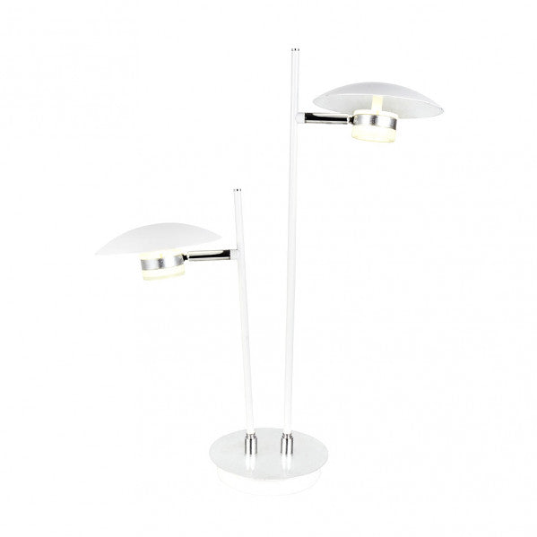 Alt text: Lámpara de sobremesa Ciudad del Cabo 2L en blanco y plata de Abrila, diseño industrial moderno LED de 12W y 4000K, orientable en metal para iluminación interior y decoración.