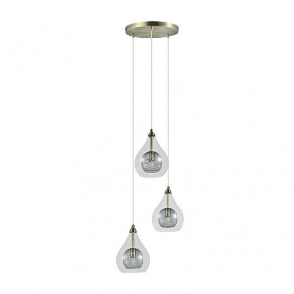 Lámpara Lhasa moderna de mesa Abrila 154083014 en cuero, 30x30 cm, con 3 bombillas G9, diseño de metal y cristal para iluminación de salón interior y decoración doméstica.