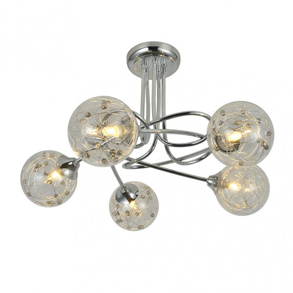 Lámpara de techo Rio de Janeiro moderna de Abrila en acabado cromo, con 5 bombillas G9, diseño en metal y cristal para luz difusa, ideal para decoración interior en dormitorio o salón, dimensiones 29x42x42 cm, modelo 154155020.
