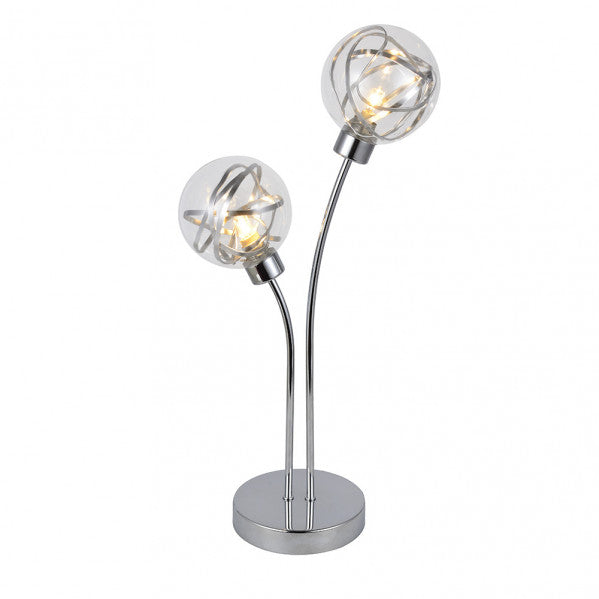 Lámpara de sobremesa Varanasi de Abrila en acabado cromo con base de metal y difusor de cristal, diseño moderno para decoración interior doméstica, 2 bombillas G9, dimensiones 46x27x13 cm, modelo 154472020.