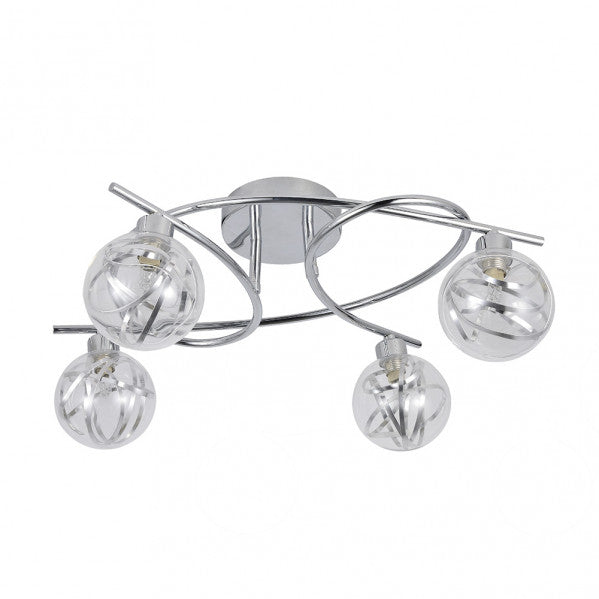 Plafon Varanasi moderno de Abrila en acabado cromo con 4 bombillas G9, dimensiones 20x32x40 cm, diseño de metal y cristal para iluminación doméstica y luz difusa en decoración interior