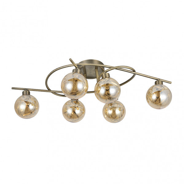 Plafon Varanasi de Abrila con 6 bombillas G9, acabado en cuero natural, diseño moderno y original para iluminación interior LED, dimensiones 21x65x30 cm, lámpara de techo en metal y cristal para decoración doméstica.