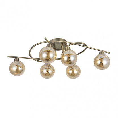 Plafon Varanasi de Abrila con 6 bombillas G9, acabado en cuero natural, diseño moderno y original para iluminación interior LED, dimensiones 21x65x30 cm, lámpara de techo en metal y cristal para decoración doméstica.