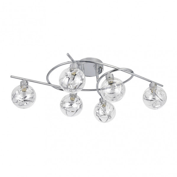 Plafon Varanasi moderno de Abrila en cromo con 6 bombillas G9, diseño de metal y cristal para iluminación doméstica y decoración interior, luz difusa 21x65x30 cm, referencia 154486020