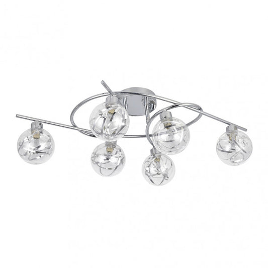 Plafon Varanasi moderno de Abrila en cromo con 6 bombillas G9, diseño de metal y cristal para iluminación doméstica y decoración interior, luz difusa 21x65x30 cm, referencia 154486020