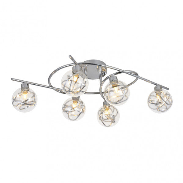 Plafon Varanasi moderno de cromo 6xG9, diseño Abrila 21x65x30 cm con metal y cristal para iluminación doméstica y luz difusa en decoración interior