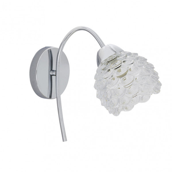 Aplique de pared Bagan moderno en cromo de Abrila, modelo 1xE14 con medidas 26x27x12 cm, diseño neoclásico y vintage en metal y cristal para iluminación interior y decoración elegante.