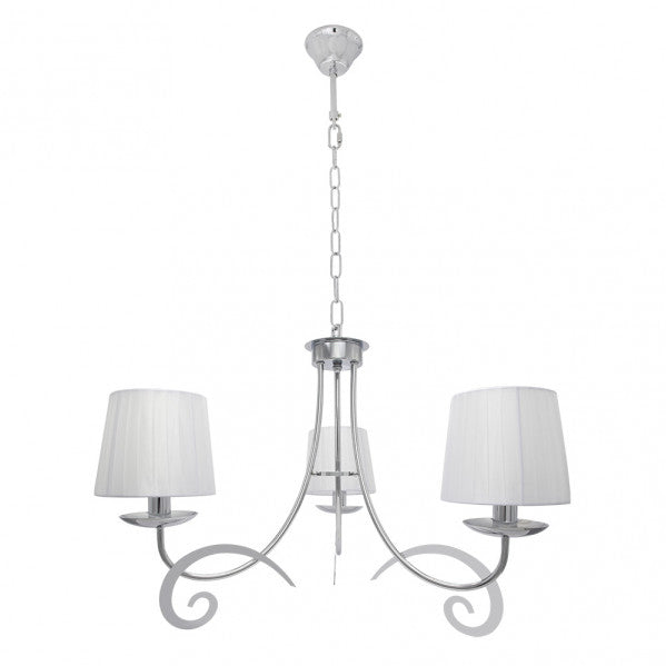 Lámpara Luxor clásica de cromo con 3xE14 y pantallas blancas textil, diseño vintage de Abrila para iluminación interior doméstica y decoración general en metal.