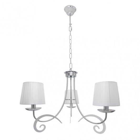 Lámpara Luxor clásica de cromo con 3xE14 y pantallas blancas textil, diseño vintage de Abrila para iluminación interior doméstica y decoración general en metal.