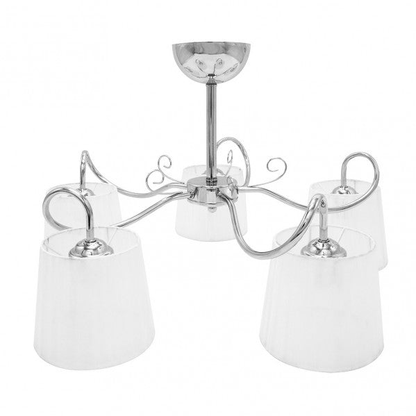 Lámpara colgante Cuzco de Abrila en acabado cromo, modelo 5xE14 con dimensiones 37x65x65 cm, diseño clásico vintage de metal y textil para iluminación doméstica interior y decoración.