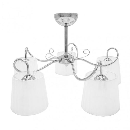 Lámpara colgante Cuzco de Abrila en acabado cromo, modelo 5xE14 con dimensiones 37x65x65 cm, diseño clásico vintage de metal y textil para iluminación doméstica interior y decoración.