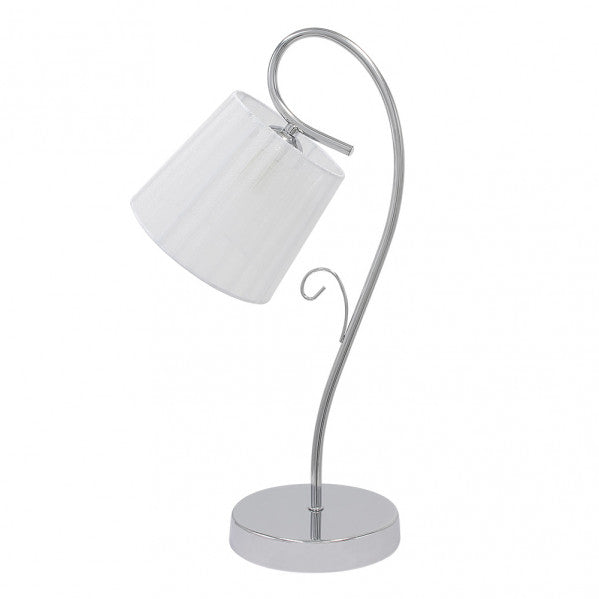 Lámpara de sobremesa Cuzco en acabado cromo, diseño clásico y vintage de Abrila, dimensiones 44x25x15 cm, con luz difusa para iluminación interior doméstica y decoración en metal y textil.