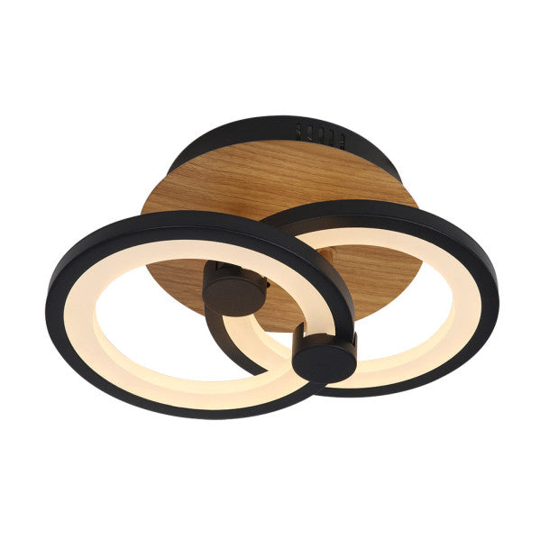 Plafon LED Sydney negro y madera oscura de Abrila, lámpara moderna regulable con mando a distancia para iluminación interior doméstica en metal y policarbonato