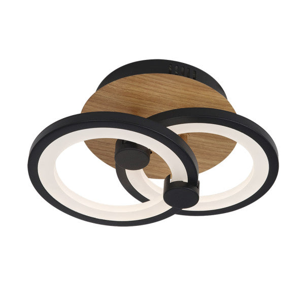 Plafon LED Sydney negro y madera oscura de Abrila, lámpara moderna regulable con mando a distancia para iluminación interior doméstica en metal y policarbonato