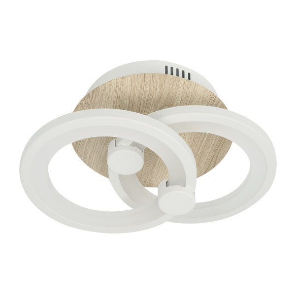 Plafón LED Sydney 32W blanco y madera clara Abrila, lámpara moderna regulable con mando a distancia para iluminación interior y decoración del hogar