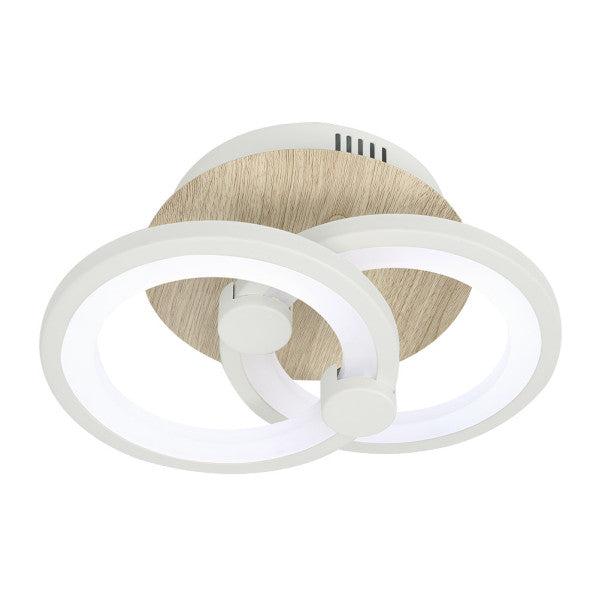 Plafón LED Sydney 32W blanco y madera clara de Abrila, lámpara moderna regulable con mando a distancia, iluminación interior LED integrada para decoración del hogar