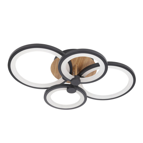 Plafón LED Sydney 76W negro y madera oscura de Abrila, lámpara regulable con mando a distancia, iluminación interior moderna y ahorro de energía