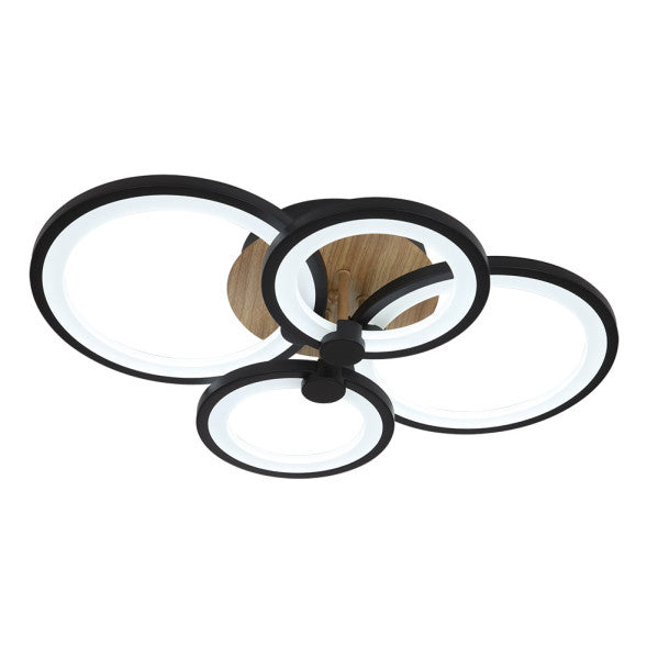 Plafón LED Sydney 76W negro con madera oscura Abrila, lámpara regulable con mando a distancia para iluminación interior moderna y ahorro de energía