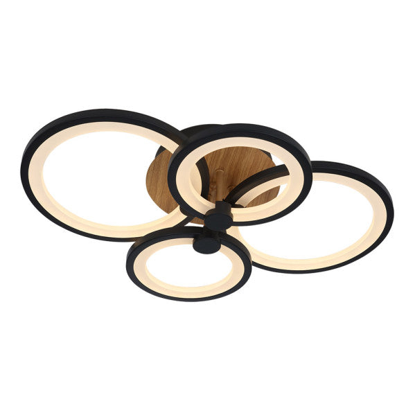 Plafón LED Sydney 76W negro y madera oscura Abrila, lámpara LED regulable con mando a distancia para iluminación interior moderna y ahorro de energía