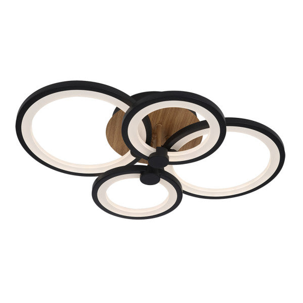 Plafón LED Sydney 76W negro y madera oscura Abrila, iluminación interior regulable con mando a distancia, diseño moderno de lámpara LED ahorradora de energía