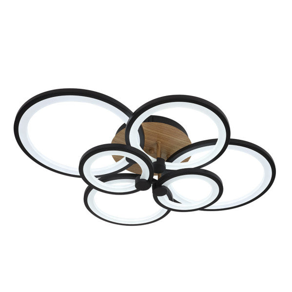 Plafón LED Sydney 134W negro y madera oscura Abrila, lámpara moderna regulable para iluminación interior hogar con ahorro energético