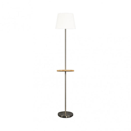 Lámpara de pie en acero níquel con mesita integrada Abrila 156841003, diseño moderno para salón interior con iluminación funcional en metal y madera, ideal para decoración doméstica.