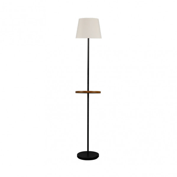 Lámpara de pie salón moderna en acero negro con pantalla beige textil, diseño Abrila para decoración interior doméstica, base de metal y madera en mesa auxiliar, modelo 156841009.