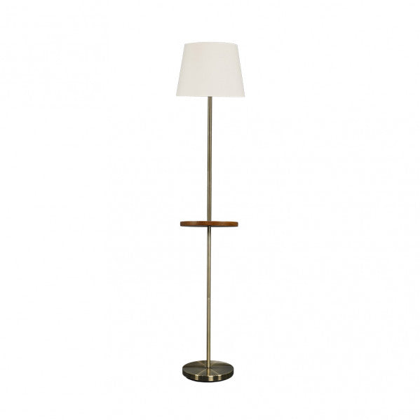 Lámpara de pie moderna en acero y cuero con mesita auxiliar integrada, diseño Abrila en beige y metal madera para iluminación interior y decoración doméstica en salón.