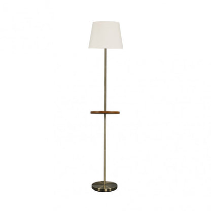 Lámpara de pie moderna en acero y cuero con mesita auxiliar integrada, diseño Abrila en beige y metal madera para iluminación interior y decoración doméstica en salón.
